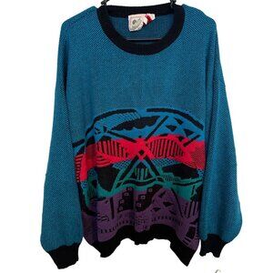 Organically Grown Vtg Sweater Blue‎ Geometric Unique Acrylic Men's Large | g2